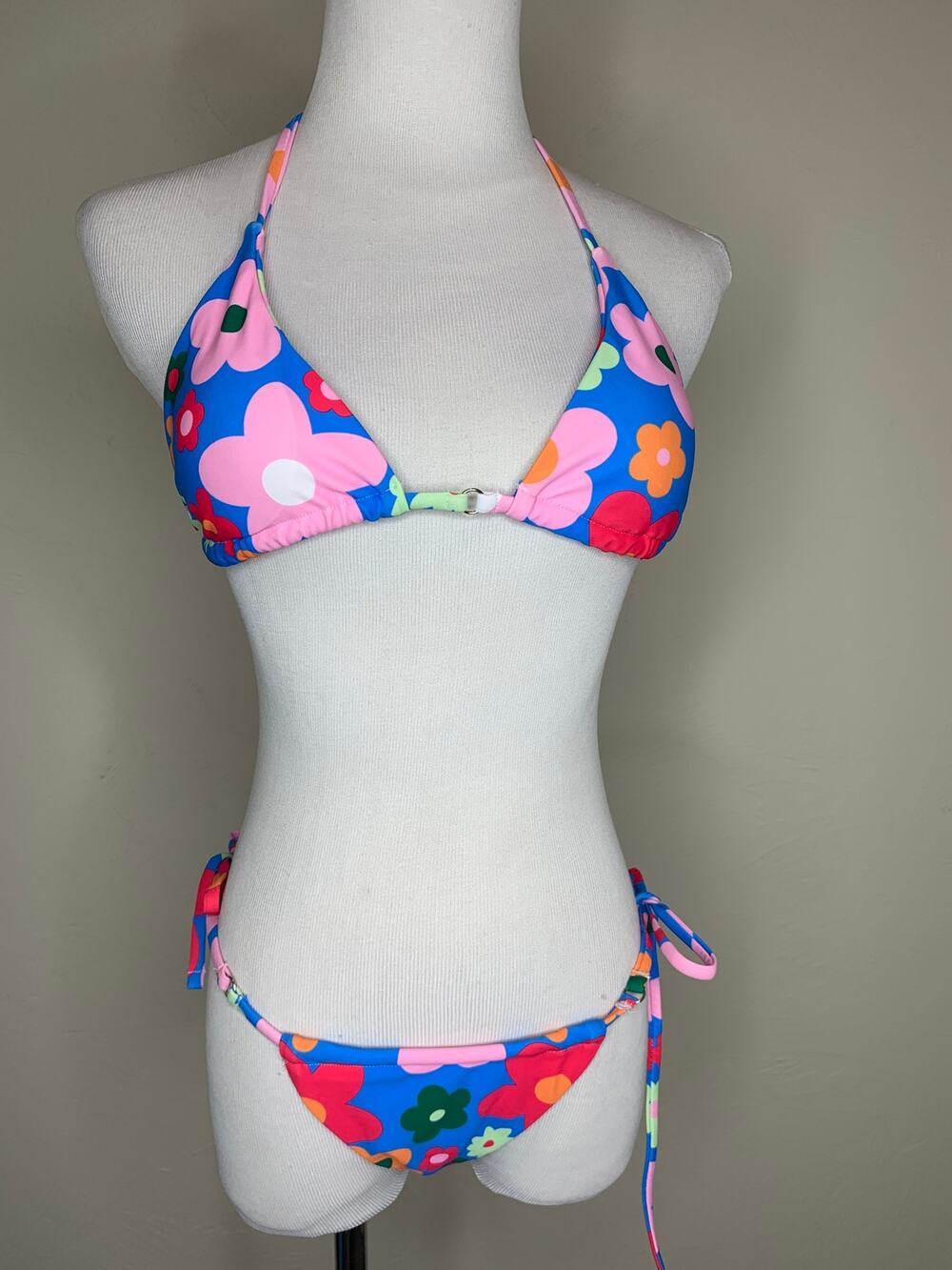 70s Floral Print Thong Bikini Bright Sz Small